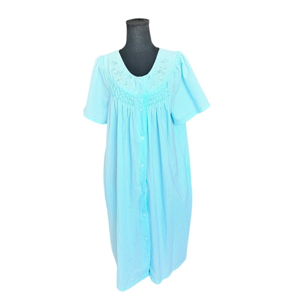 Miss Elaine Aqua Seersucker Nightgown L Vintage Cottagecore Coastal Grandmother
